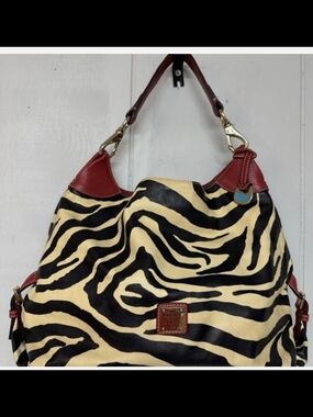 Dooney & Bourke Black & Cream Zebra Shoulder Bag with Red Trim